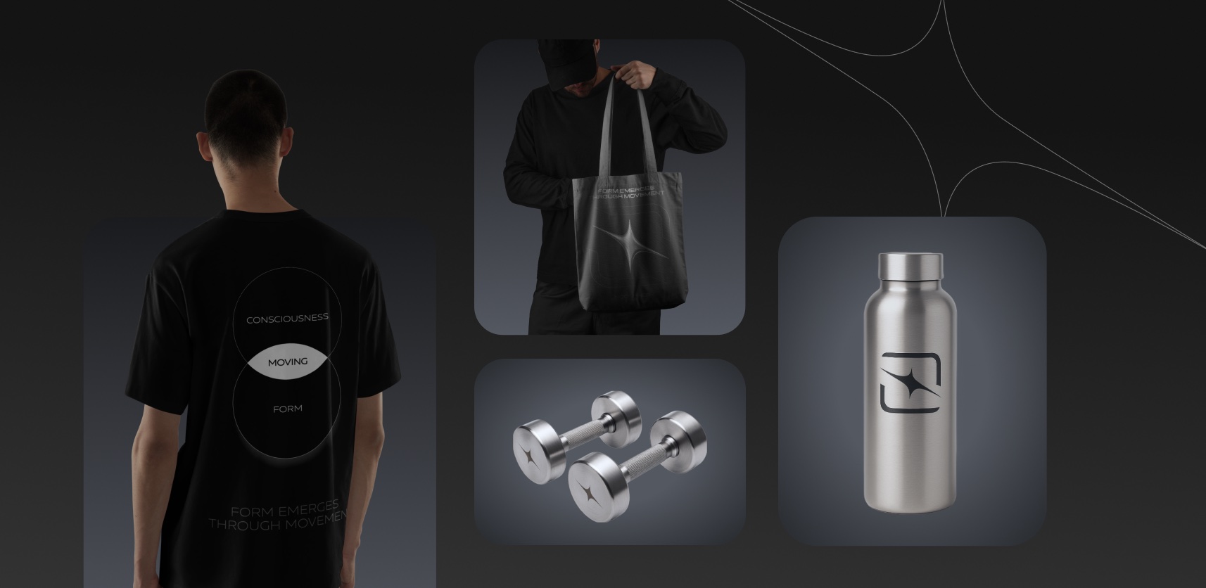 Noosphere merch: t-shirt, tote bag, dumbbells, bottle