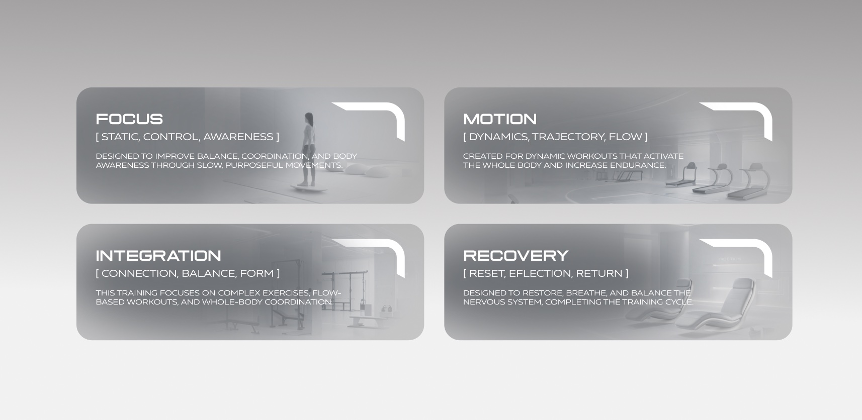 Focus, Motion, Integration, Recovery feature cards