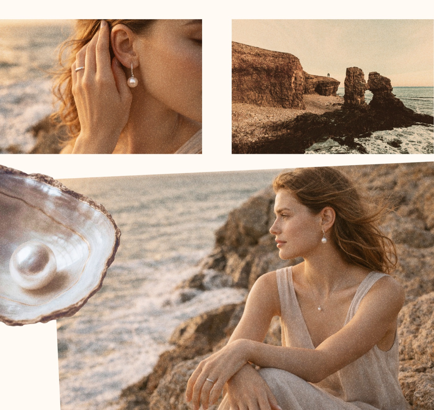 Perlyna campaign photography: earring detail, coastline, model on the rocks